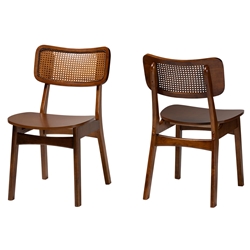 Baxton Studio Tafari Mid-Century Modern Walnut Brown Finished Wood and Rattan 2-Piece Dining Chair Set